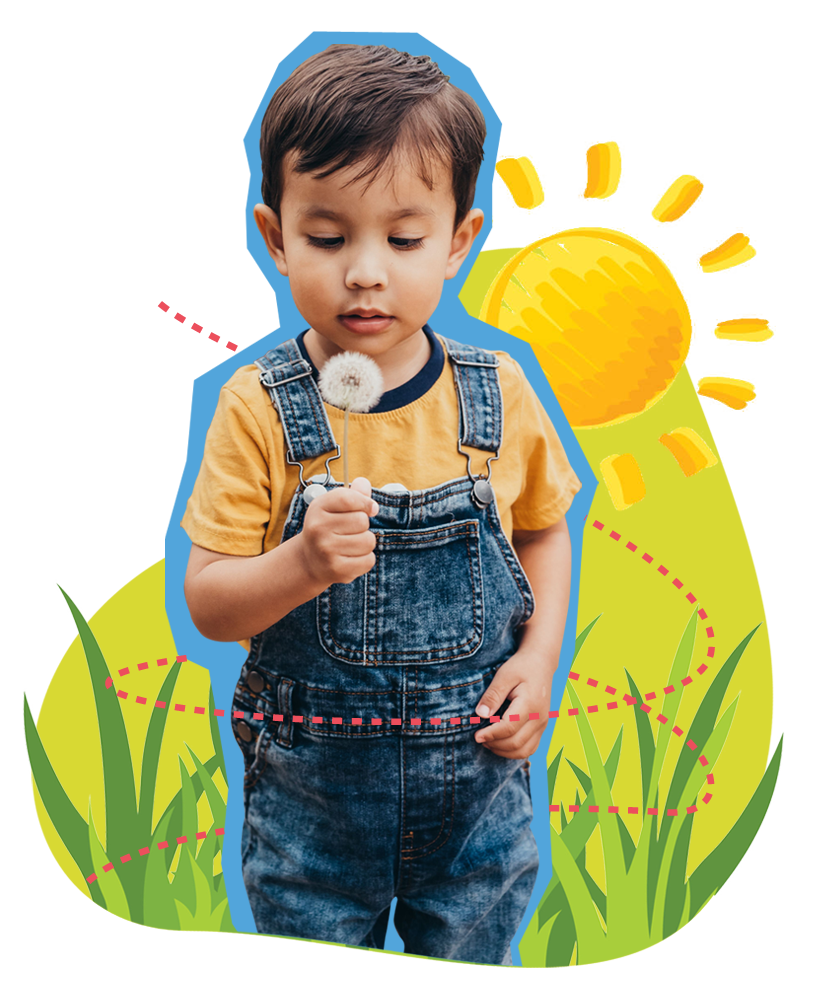 Small boy blowing on dandelion with sun graphic behind him