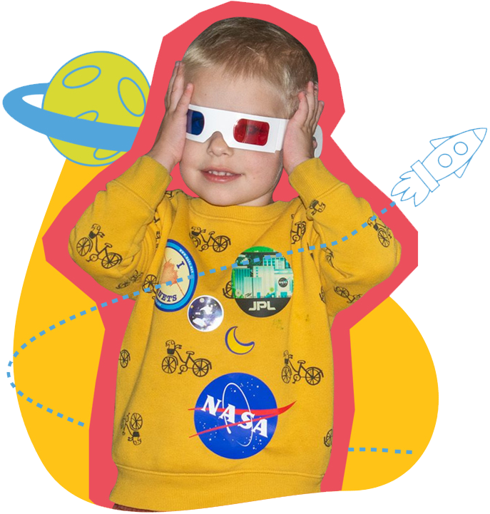 Child at SDCDM with 3D glasses on wearing NASA sweatshirt