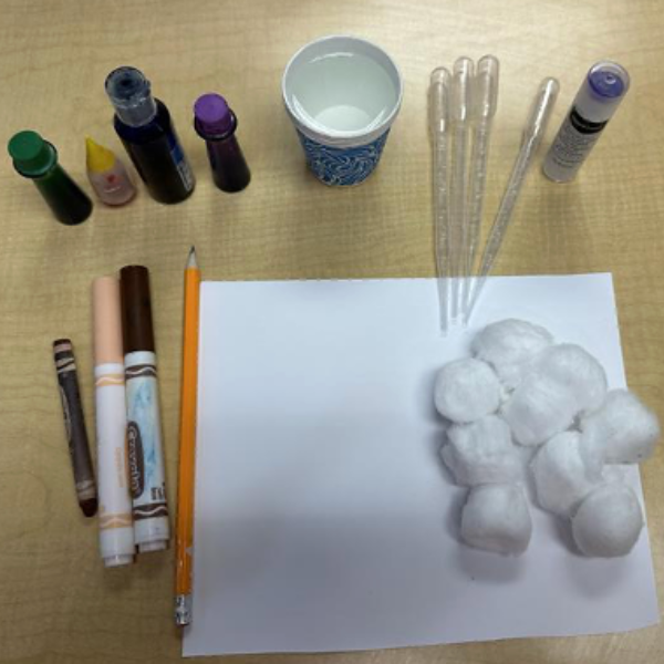 Materials needed to make the ice cream cone pom pom craft.