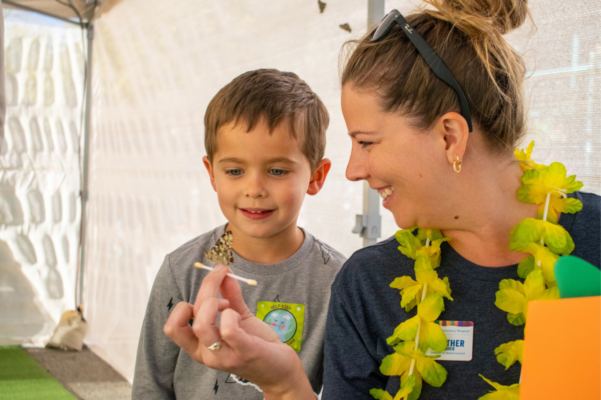 Mother and son looking at a butterfly at Nature Night.