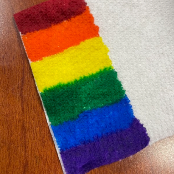 Rainbow markers drawn on both edges of the paper towel about an inch up.