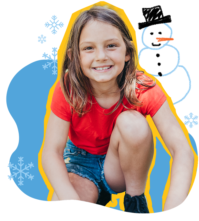 Girl in front of a snowman and snowflakes